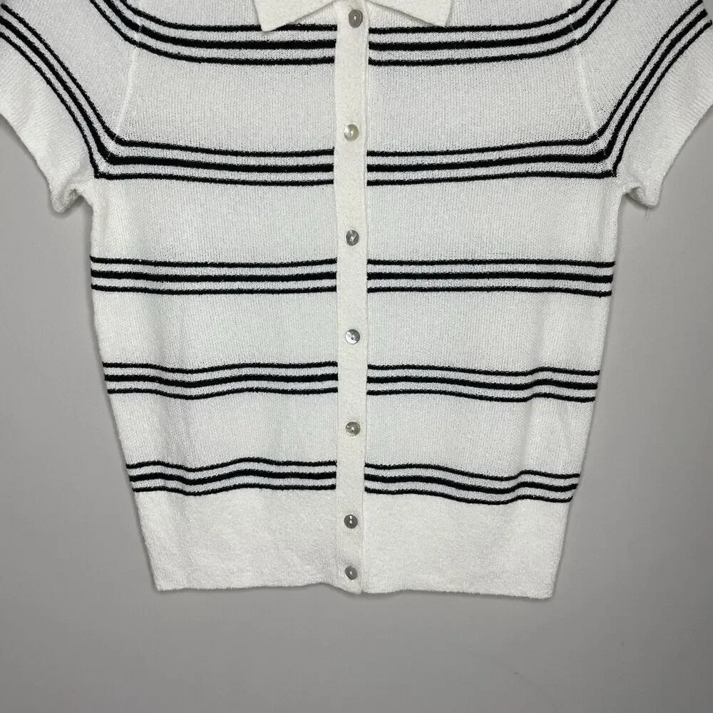 MADEWELL Sweater Women XS Polo Knit Tee NEW Ivory Stripe Short Sleeve NQ341 - Picture 4 of 14